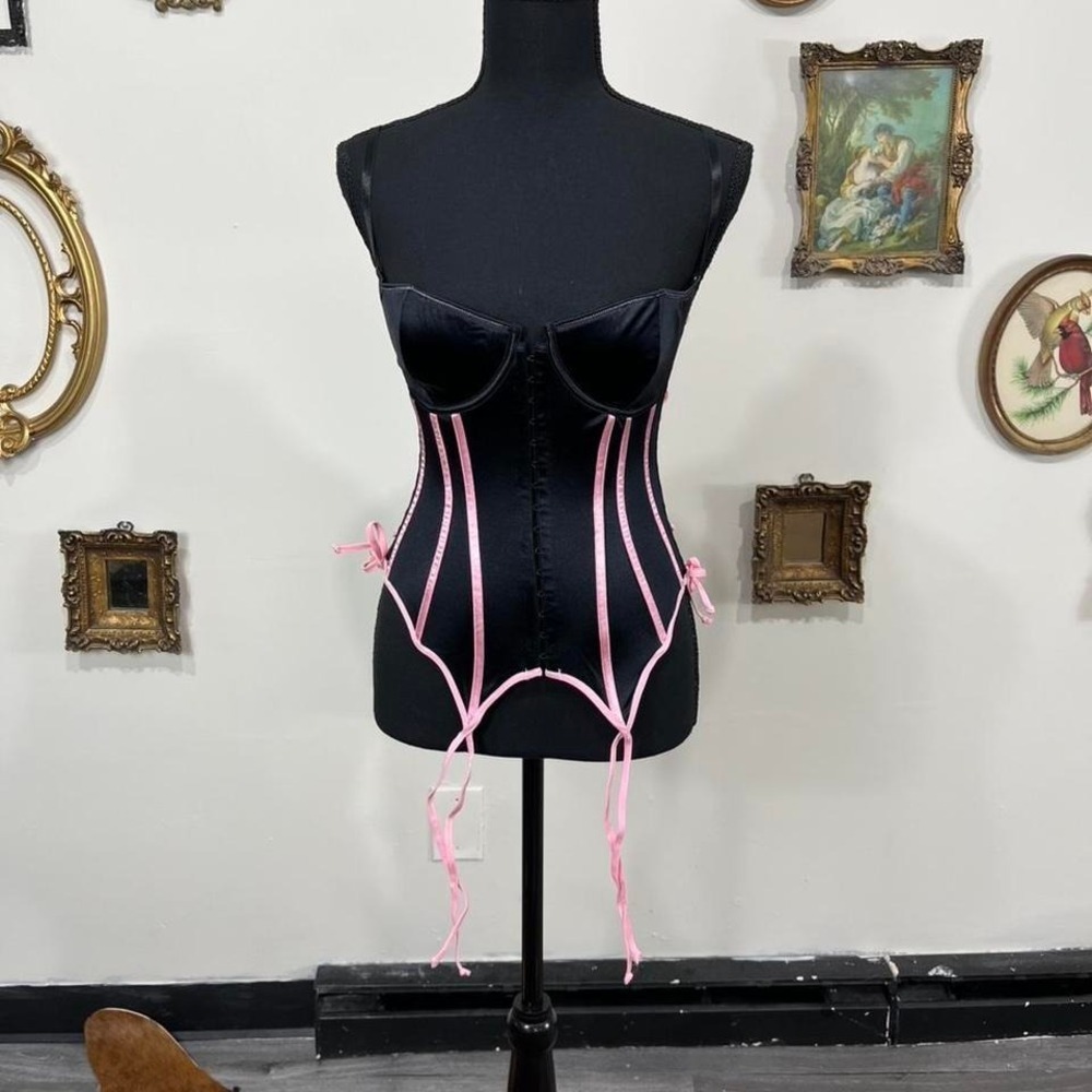 Vintage Y2K Black & Pink Lace-Up Corset Bustier – Size 34C